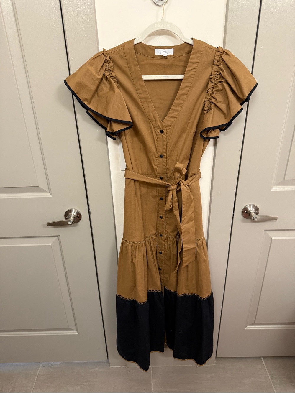 Pearl Brown Maxi Dress with Black Trim
